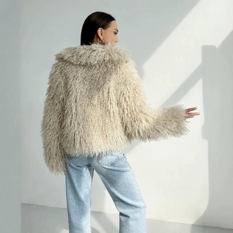 Womens Short Faux Fur Coat Turn-down Collar Pockets Sweet Elegant Style 2026