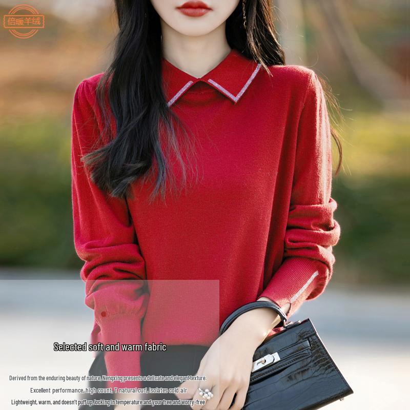 Women's Long-Sleeve Merino Wool Polo Sweater with Turn-Down Collar