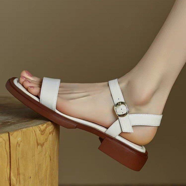 Soft Leather Square Heel Sandals Women's Summer 2025 New French One-word Belt Retro Soft Sole with Skirt Roman Sandals
