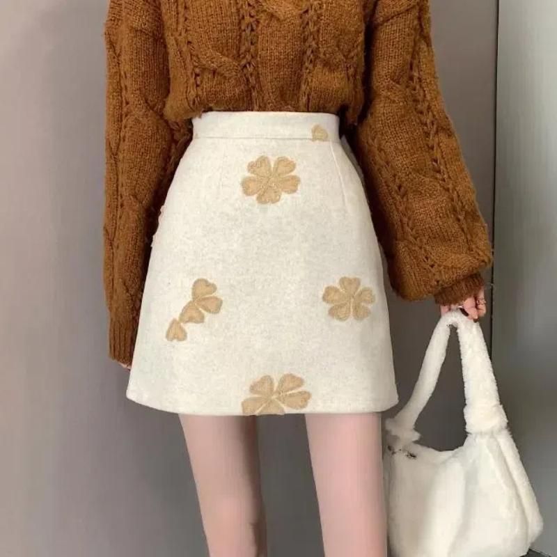 Sweet Fashion Preppy Style Autumn Winter New Women's Woolen Embroidered Zipper Korean Casual High Waist Slim Short A-line Skirt