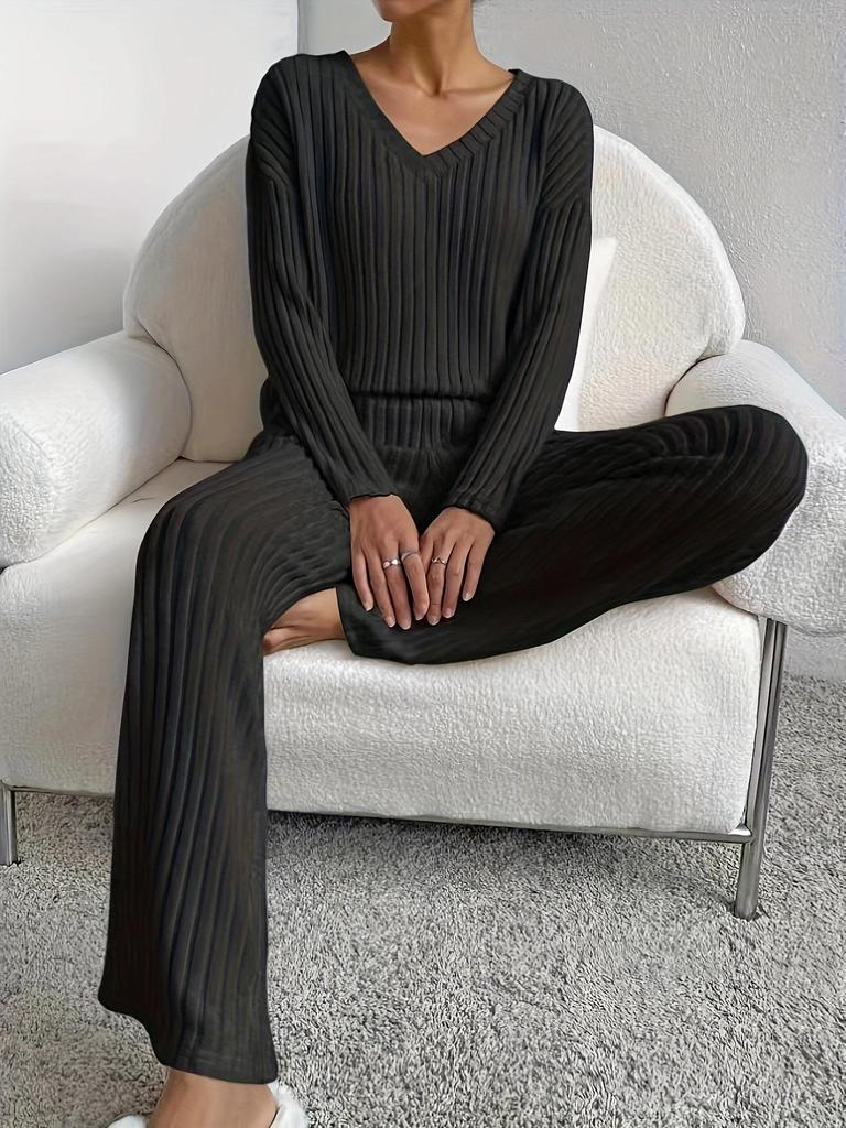 Large Ribbed V-neck Long Sleeve Women's Pant Suit Casual Two-Piece Set - 2025 Autumn/Winter Collection