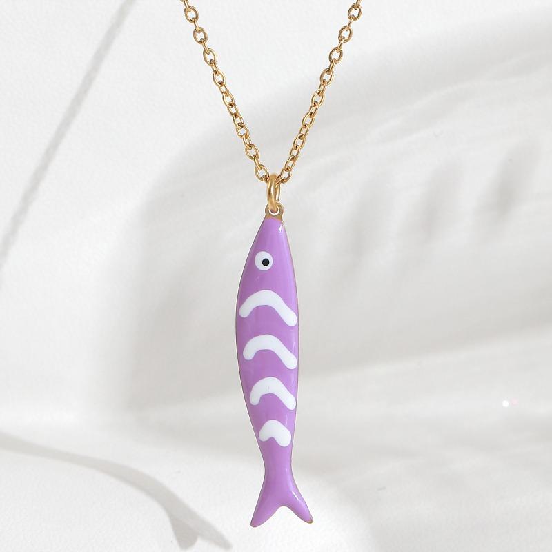 Süße Bunte Emaille Fisch Anhänger Halskette für Damen Edelstahl Streifen Fisch Charms Sommer Strandparty Urlaub Schmuck Geschenk