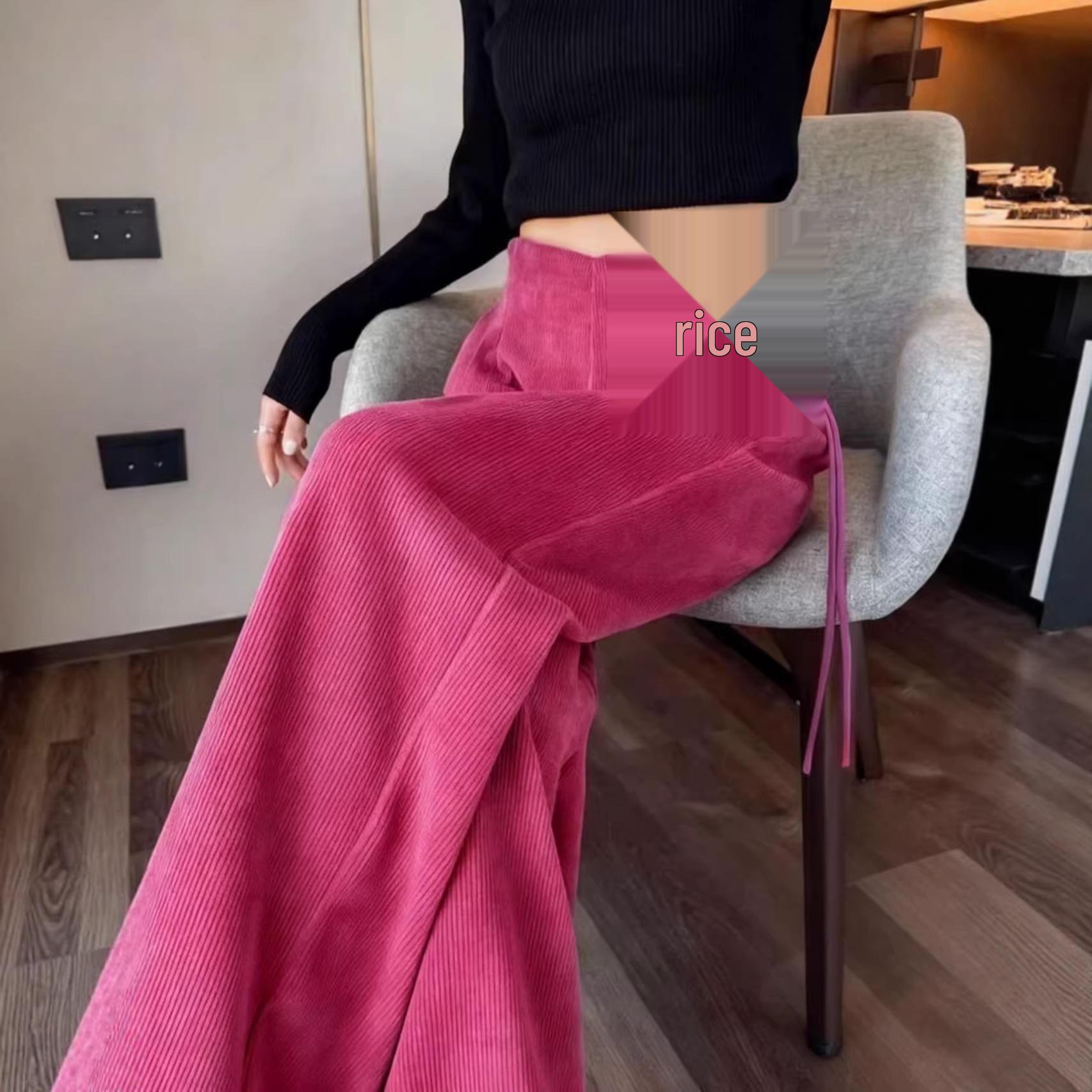 Rose Pink Corduroy High-Waisted Wide-Leg Pants, Fleece-Lined, Soft, Relaxed Fit Medium