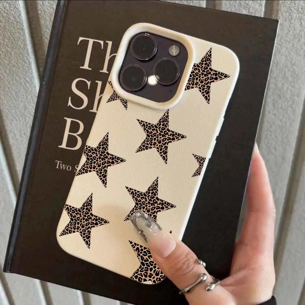 HOT Trendy Leopard Print Stars Lichee Leather Pattern Phone Case For iPhone 17 16e 16 15 14 13 12 11 Air Pro Max Plus X XR XSMax