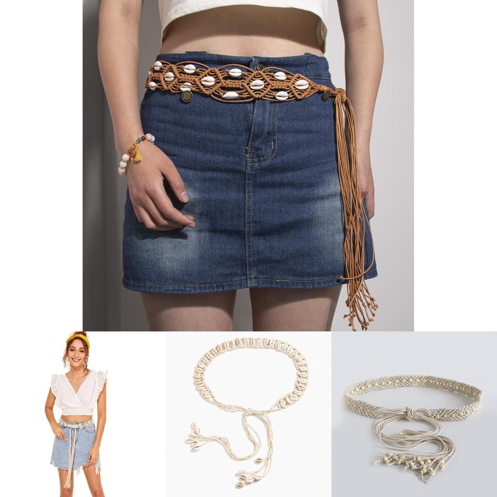 Bohemian Leather Shell Waist Band For Women With Wide Woven Cord And Versatile Style