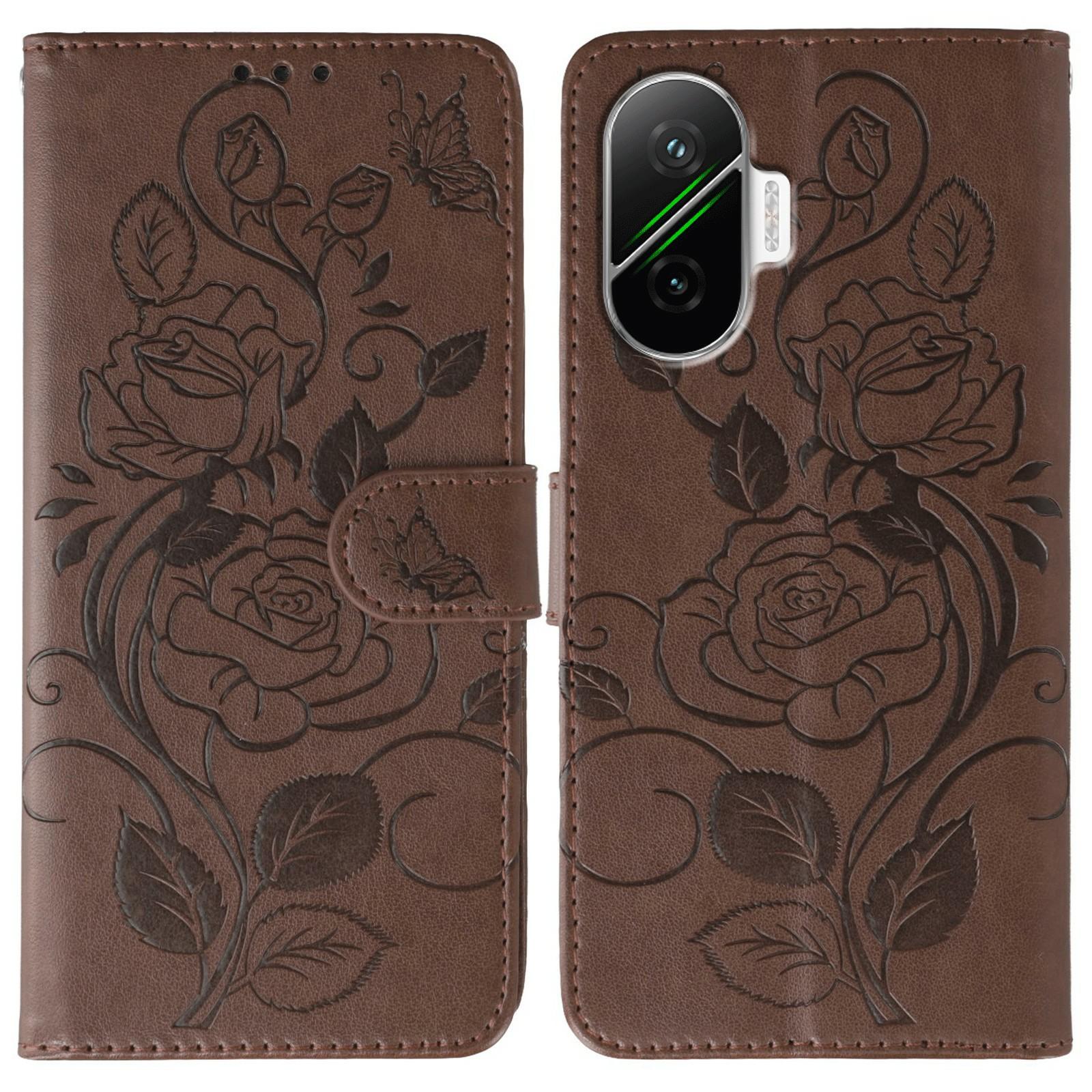 

For Xiaomi Poco F7 5G/Redmi Turbo 4 Pro 5G Case Wallet Stand Imprinted Rose Butterfly PU Leather Phone Cover Brown