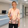 Women's Floral Print V Neck Medical Scrub Top with Pockets Side Slits Three Quarter Sleeve Nurse Uniform Shirt for Healthcare Professionals