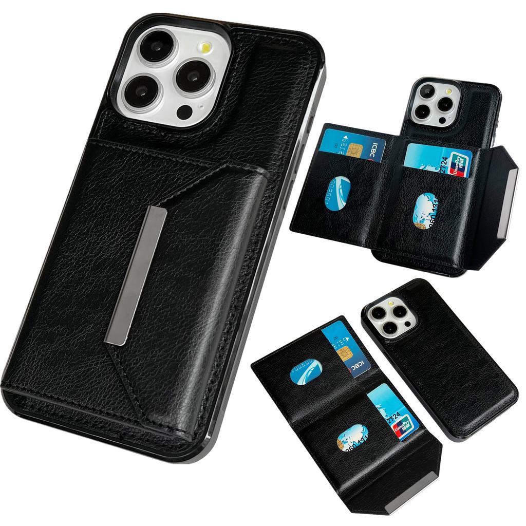 For iPhone 14 Pro Max Kickstand Case PU+TPU Phone Cover Detachable Card Bag