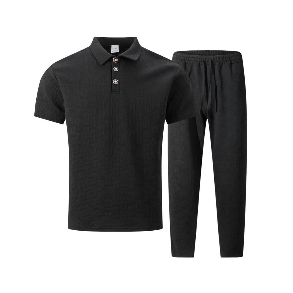 Herren Sommer Jacquard Poloshirt & Lange Hose Freizeit Set