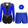 Girls Gymnastics Figure Skating Dance Set 3Pcs: Long Sleeve Keyhole Back Rhinestone Leotard with V-Front Shorts & Hair Band