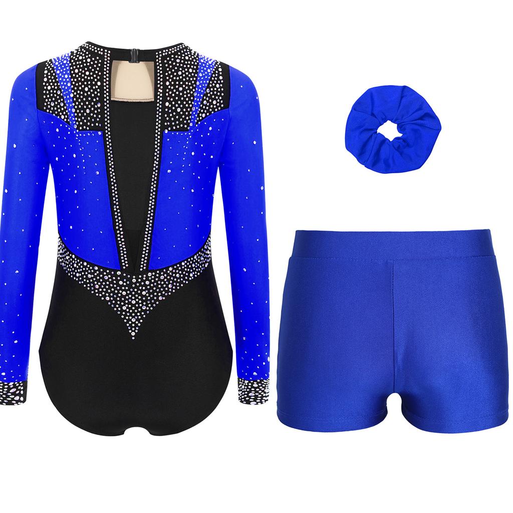 Girls Gymnastics Figure Skating Dance Set 3Pcs: Long Sleeve Keyhole Back Rhinestone Leotard with V-Front Shorts & Hair Band