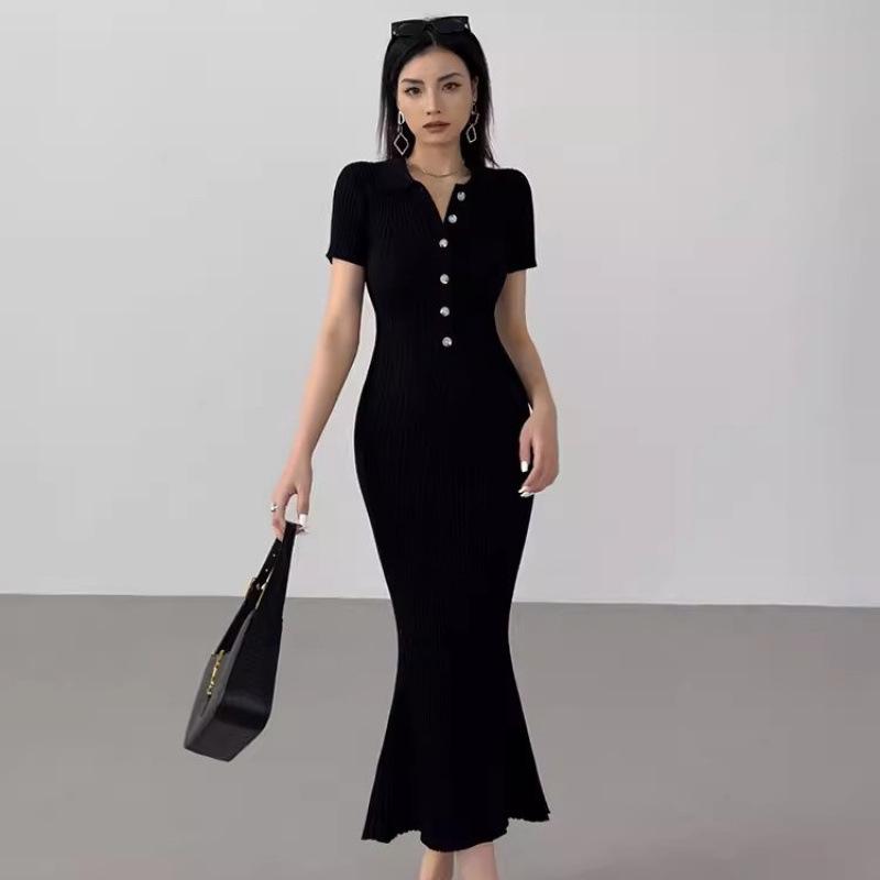 European & American Fishtail Knit Dress: Women s Summer Slim Fit Polo with Short Sleeves and Hip Wrap Skirt Small