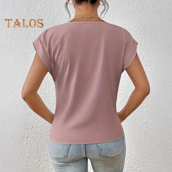 Dámské topy s výstřihem do V, s krátkým rukávem, s mačkaným designem, tričko jednobarevné, volného střihu, s křížovým plisováním, pro každodenní nošení