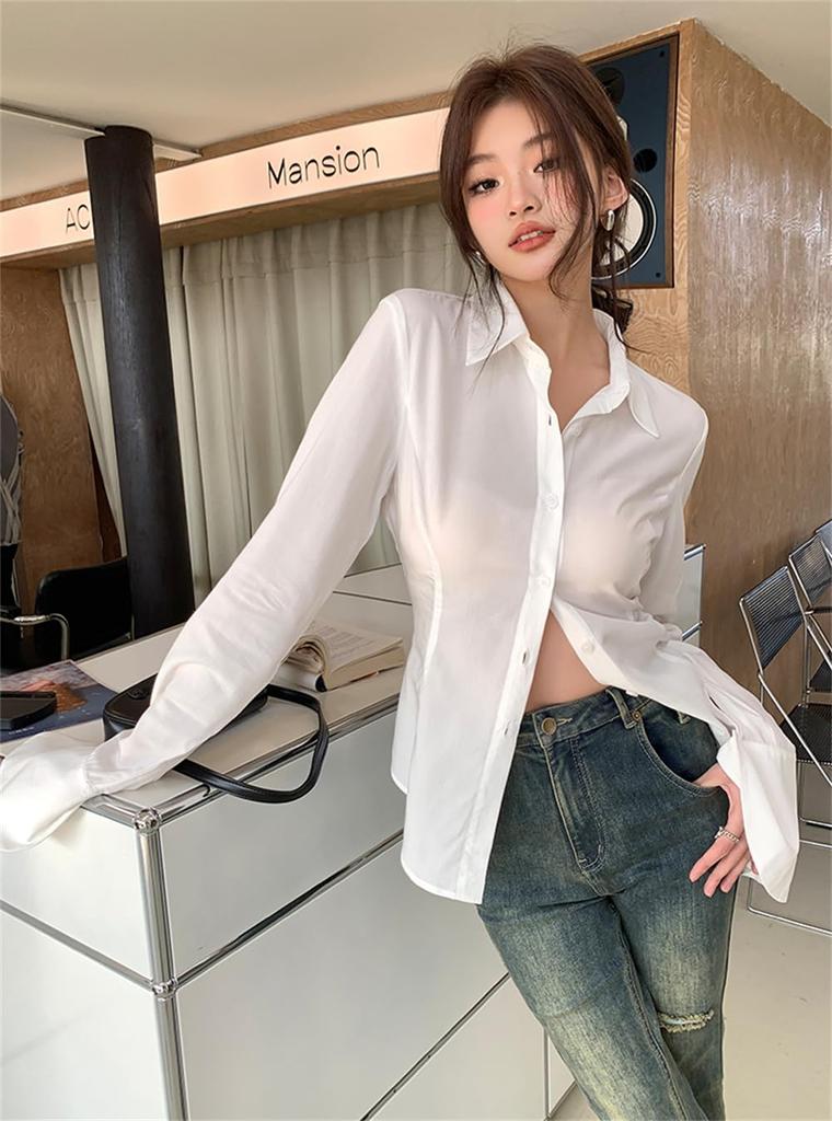 PTORGE White Dress Solid Long Sheer Flared Y2K Street Style Women's Shirt, Color, Turn-Down Collar, Sleeve, Shirt, See-Through Blouse, Open-Collar