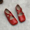Johnature Handmade Cross Buckle Genuine Leather Soft Soled Flats Square Toe Soft Cowhide Women's Shoes
