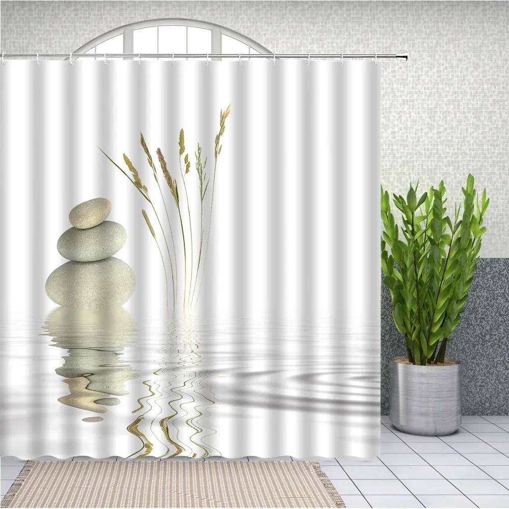 Stones And White Lotus In Water Shower Curtain Zen SPA White Bathroom Waterproof Extra Long Polyester Fabric for Bathtub Decor