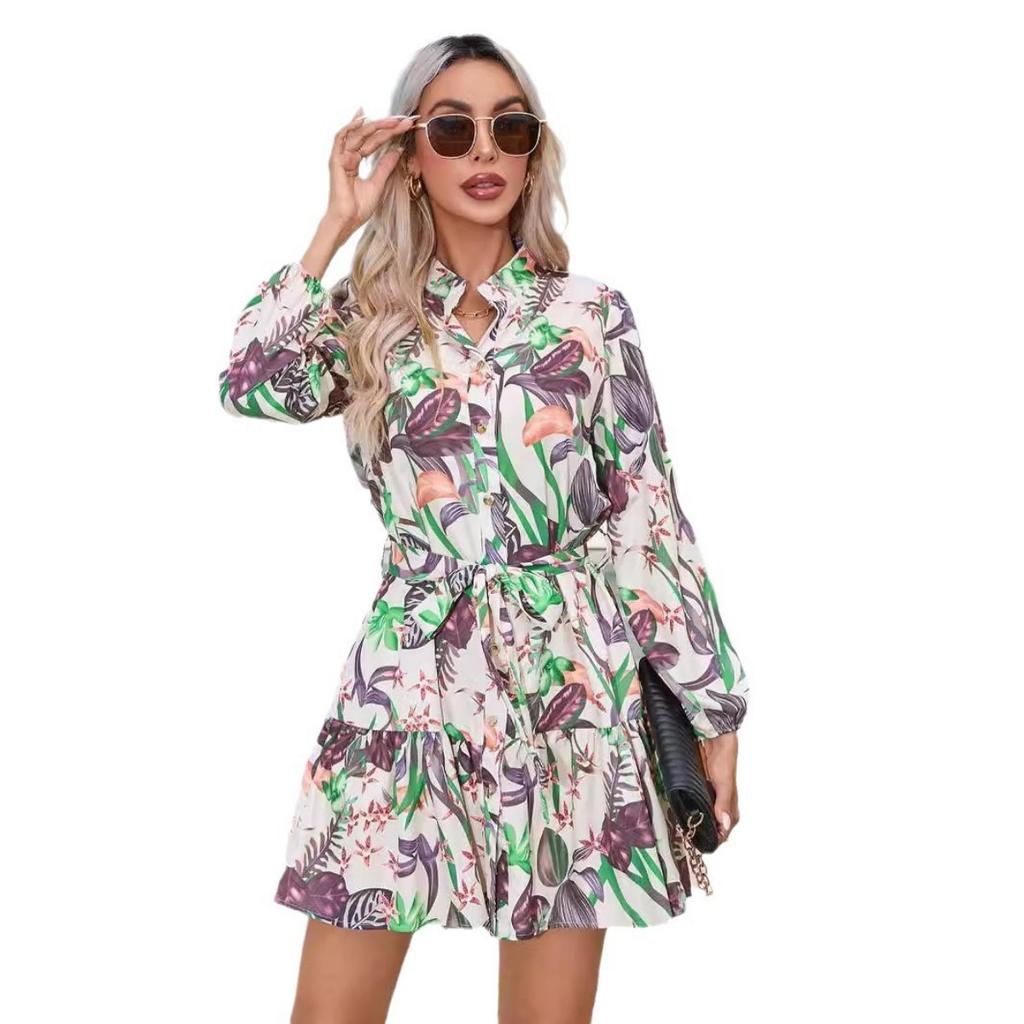 Women's Fall Winter Long Sleeve Printed Button Dress, European & American Style Casual Dress for Crossborder Outwear