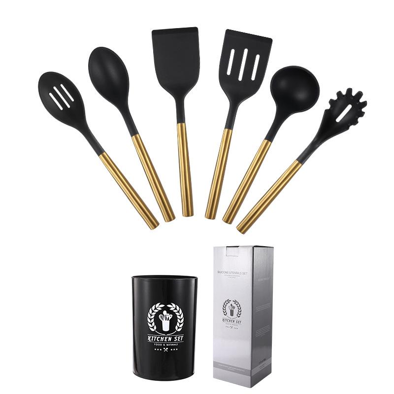 6Pcs Kitchen Cookware Silicone Kitchenware Non-stick Cooking Tools with Holder Spatula Spoon Ladle Egg Beaters Shovel Utensils Set