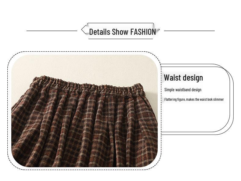 Wool Blend Elastic Waist Plaid Midi Skirt - Retro A-line for Autumn/Winter 2025