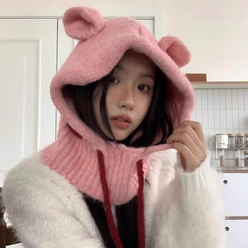 Cute Ears Balaclava Hat Scarf Integrated Red Knitted Hat Winter Warm Ear Protection Woolen Hat for Women