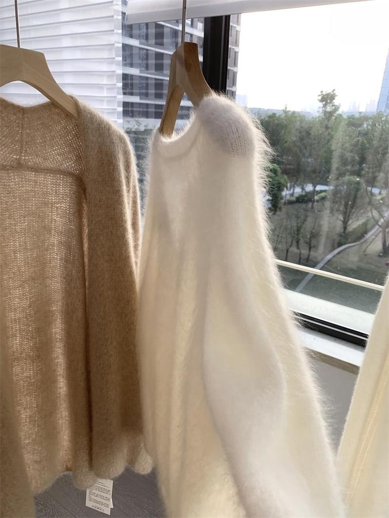 Women's Thickened White Cashmere Sweater - Pure Wool Brushed Long Hair Cardigan