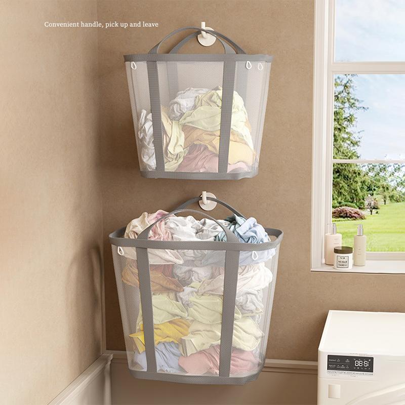 Nylon Mesh Laundry Basket With Handle Breathable Folding Portable Dirty Clothes Organizer Bags Large Capacity Toys Storage Bag