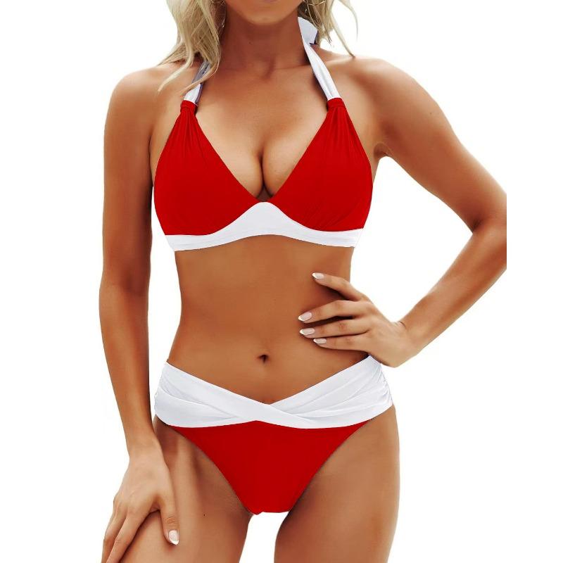 Split swimsuit women's contrasting color neck gathering high waist swimsuit sexy bikini swimsuit women's high sense