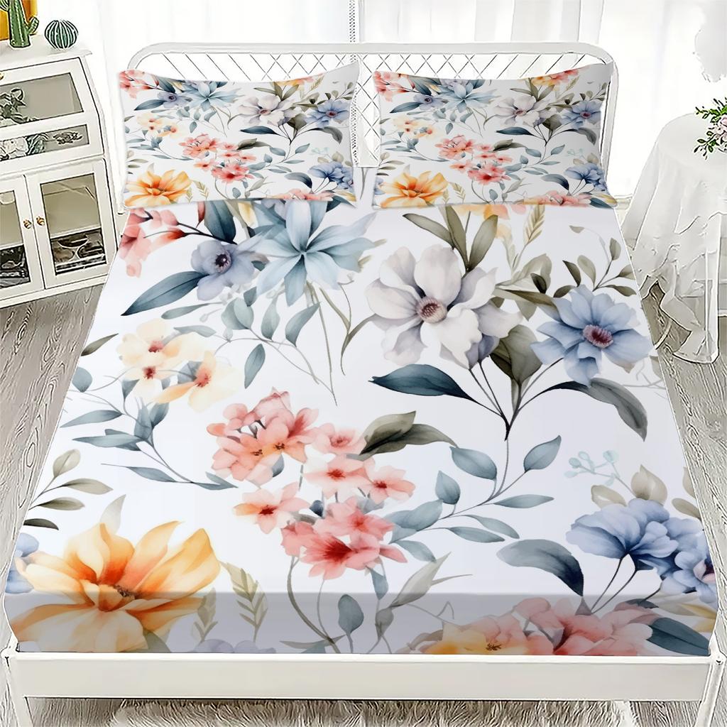 3pcs Fitted Sheet Set Fresh Style Christmas Pine Flora Print 100% Polyester Soft Bedding Set for Home Decor with 2 Pillowcases