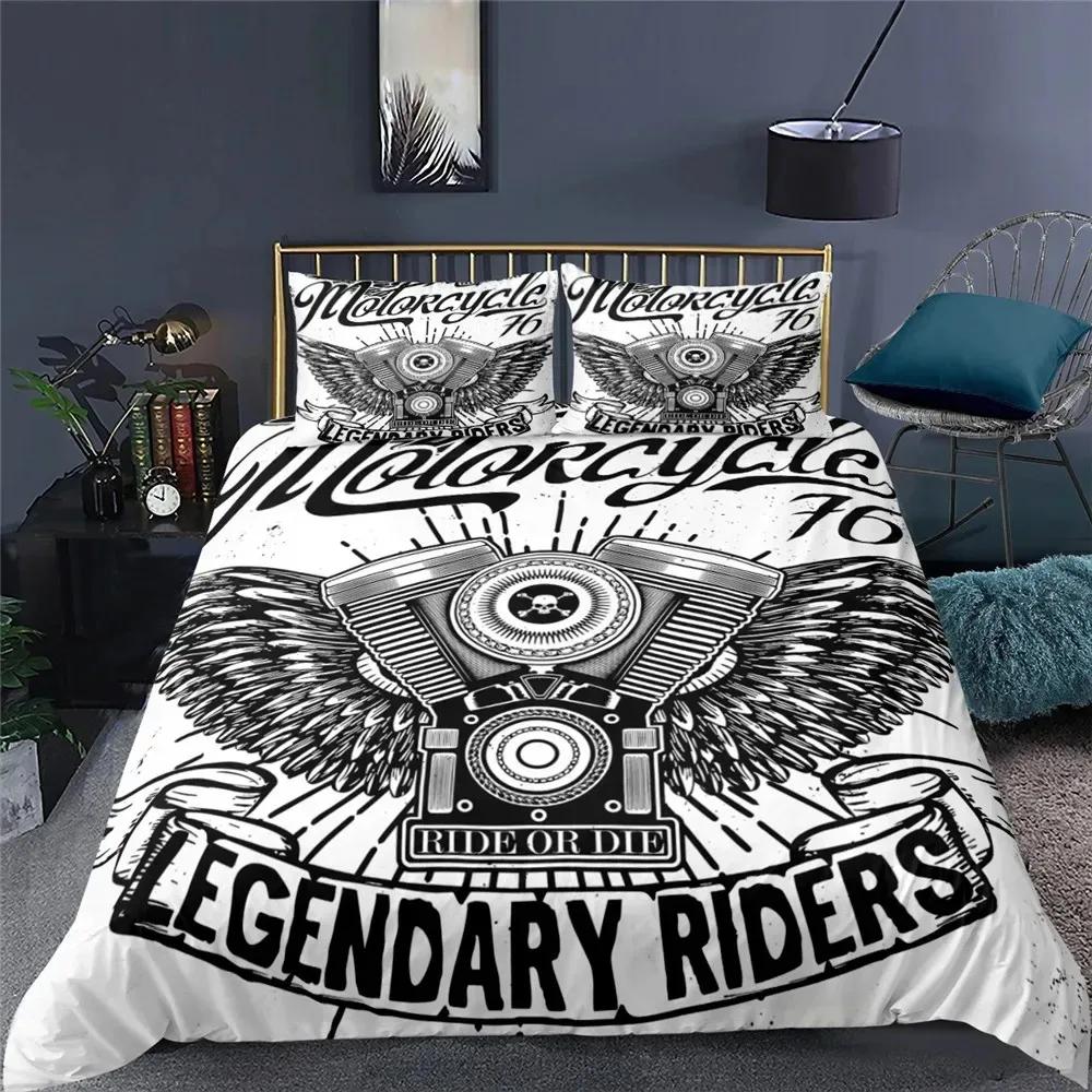 3D Motorrad Schädel Bettbezug Set Full Queen King Size Polyester Bettwäsche Set Doppel Einzel Bettdeckenbezug Set Für Erwachsene Jugendliche