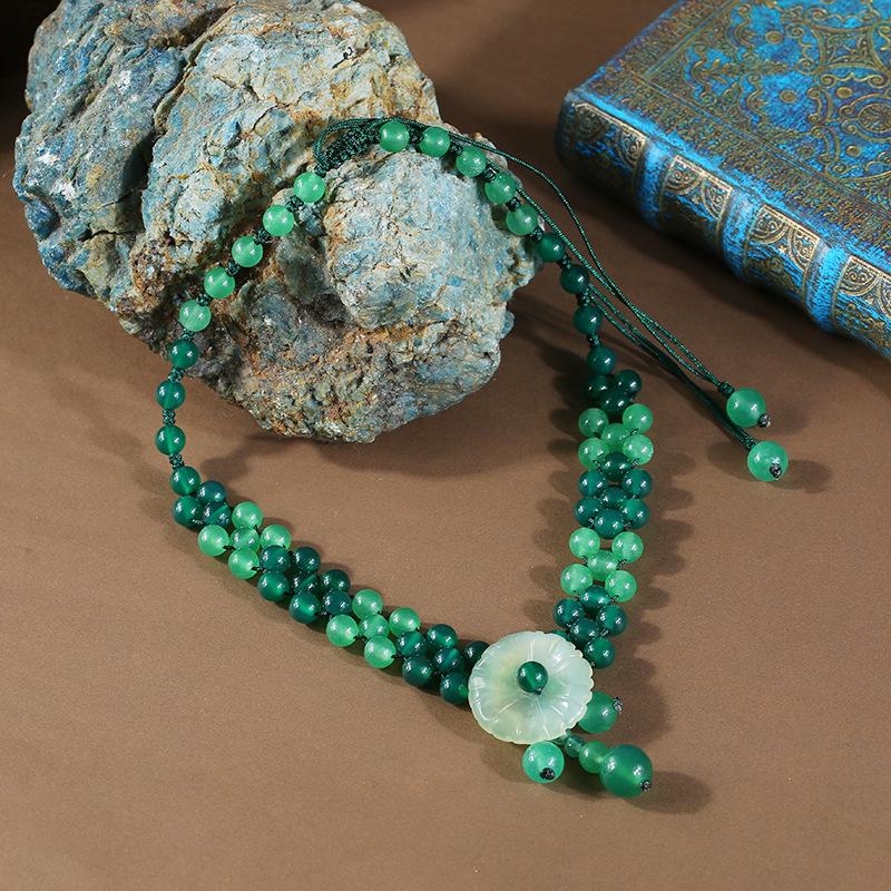 Retro Agate Glazed Short Collarbone Necklace Neck Chain Women's Versatile Jade Flower Bracelet Set Jewelry