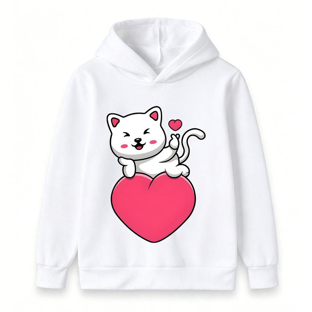 Boys Girls Long Sleeve Hoodie, Adorable White Cartoon Kitten On Pink Heart Artwork Pullover, Lightweight Sweatshirt for School Daily Outdoor Wearing