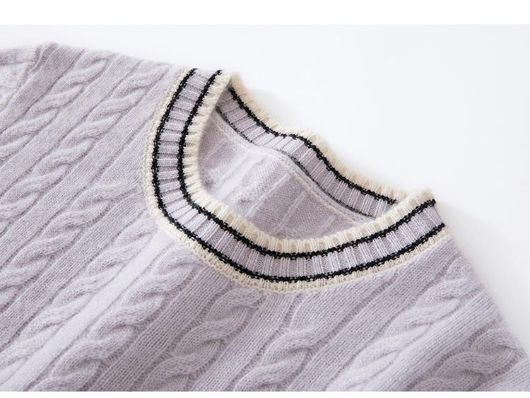 Women's Color Block Cashmere Short-Sleeve Round Neck Knit Pullover