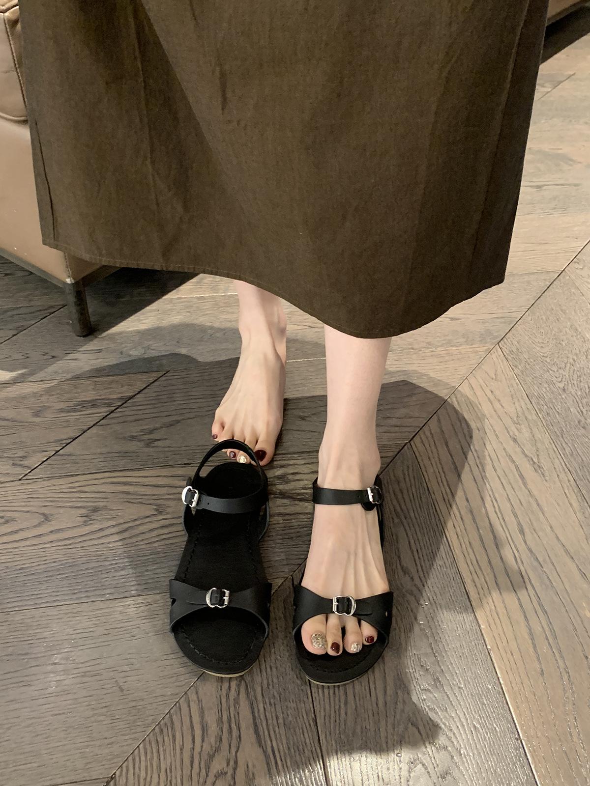 

Sheepskin version~ Grape mother same row minimalist double one-word buckle with Roman flat open-toed sandals women s summer sandals 35