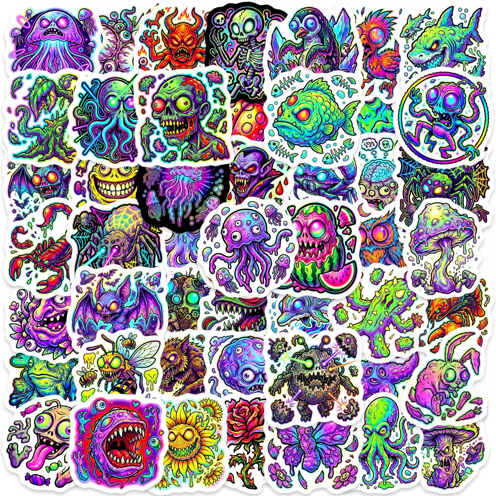 50 Psychedelic Monster Stickers Creative Colorful Cartoon Monster Colorful Trend Graffiti Waterproof Stickers