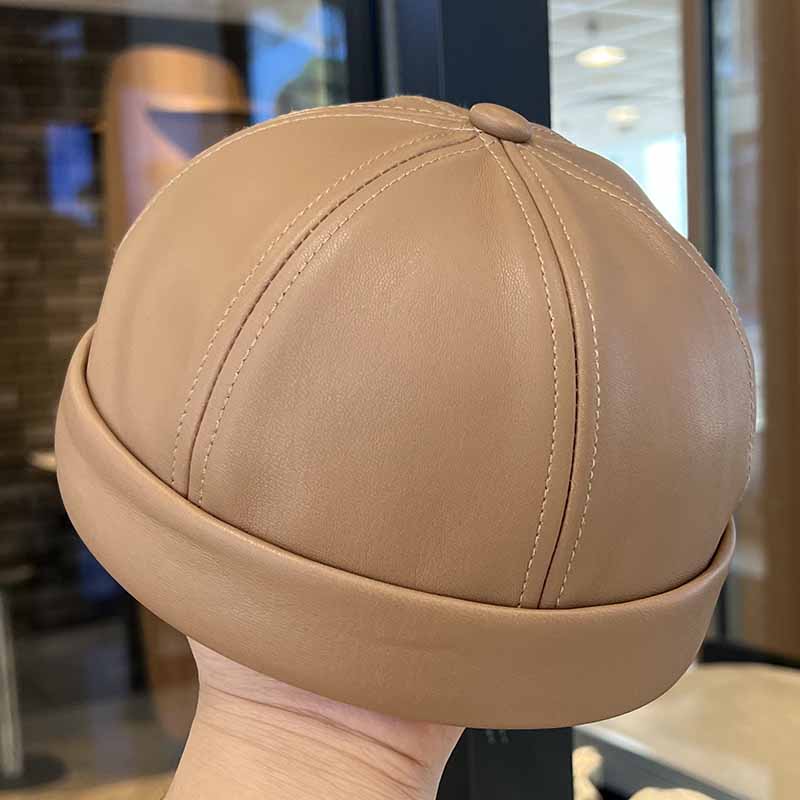 Spring and Summer Vintage Leather Landlord Hat with Adjustable Hip Hop and Brimless Melon Skin Hat Suitable for Men and Women