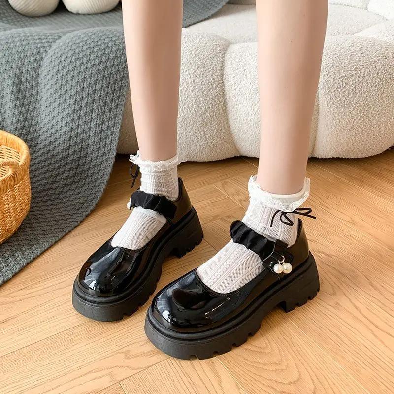 Plattform Japansk Stil Lolita Gotiska Skor för Kvinnor Pärla Kawaii med Mellanhöga Klackar Loafers Rund Tå Mary Jane Dam Pumps 39