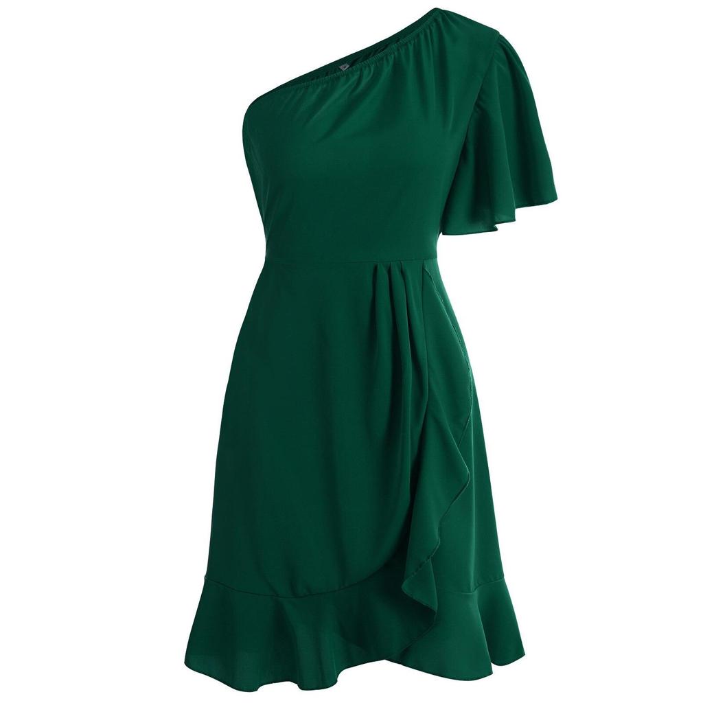 Woman Bodycon Lotus Dress Summer Fashion Short Sleeve One Shoulder Party Mini Dresses Casual Female Boho Beach Dress