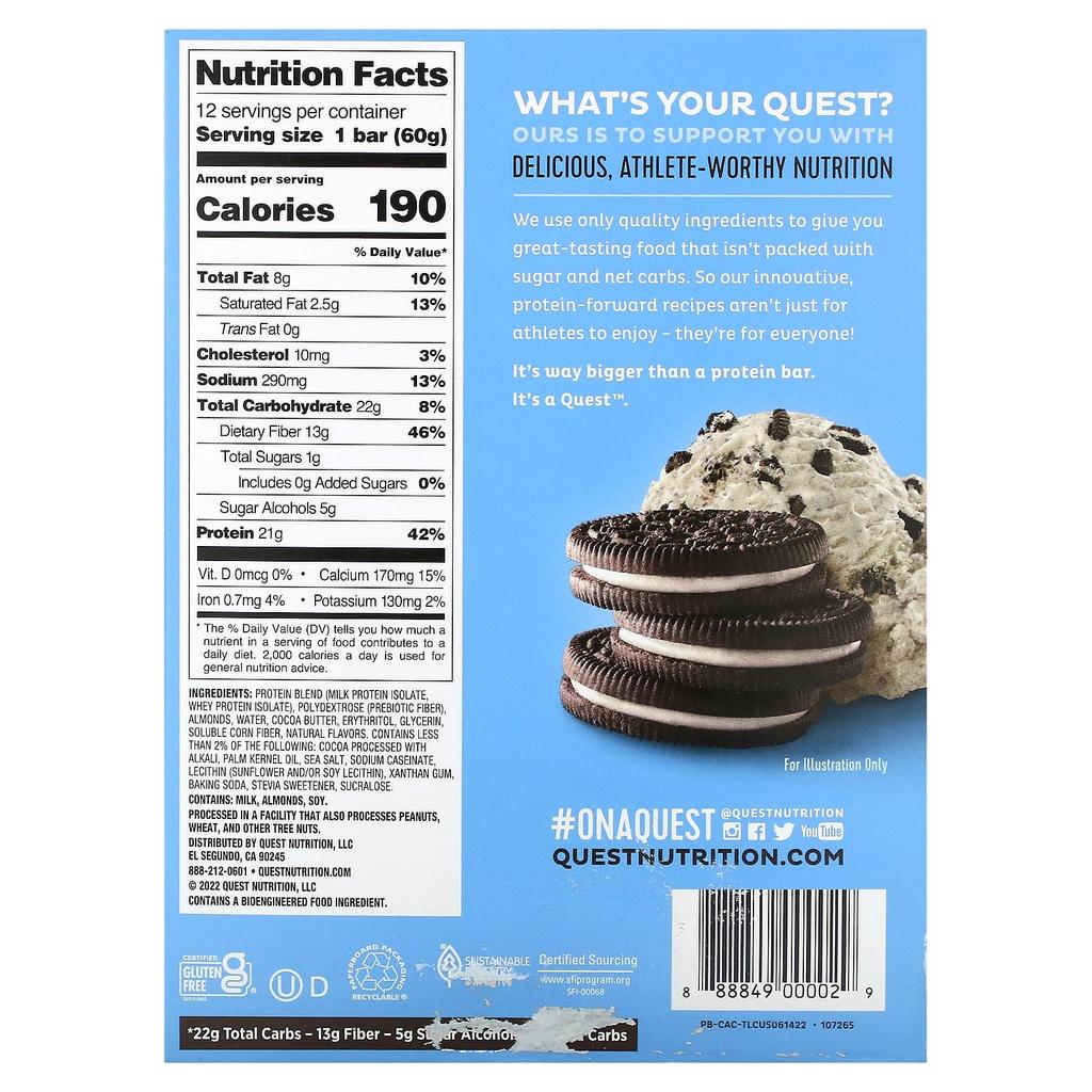 Quest Nutrition, Protein Bars, Cookies & Cream, 12 bars, 2.12 oz (60 g) each