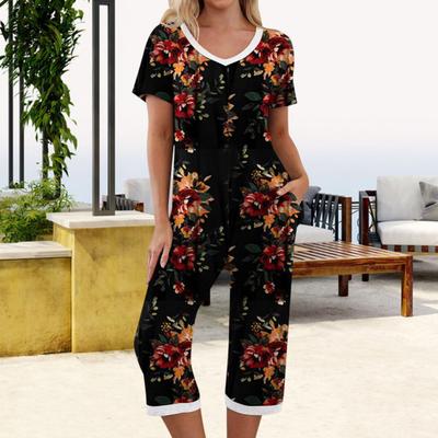 Yousheng 2 Pcs/Set Women Top And Pants Suit Summer Pajamas Set Flower Printing Trousers Sleepwear V Neck Short Sleeve T-shirt Homewear Casual Clothes