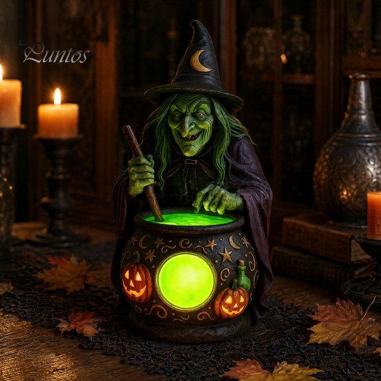 Eerie Ambient Lighting Halloween Gothic Witch Lantern, Resin Tabletop Decor with Warm Glow, Spooky Centerpiece for Shelf Desk Party, Haunted