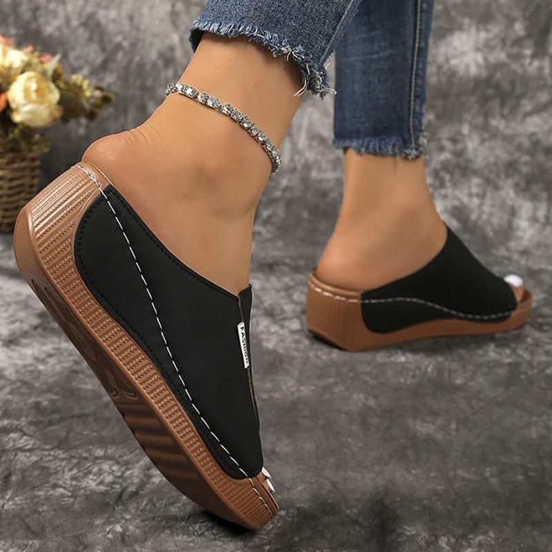Fashion Lightweight Peep Toe Wedges Slippers Women Summer Platform Thick Sole Sandals Woman Plus Size Pu Leather Slides Shoes Mujer 43