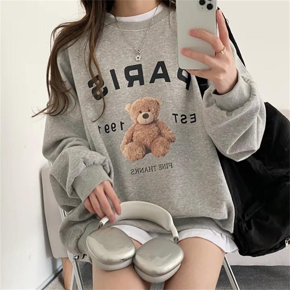 Women's Crew Neck Long Sleeve Sweatshirt Oversized Bear Letter Print Loose Casual Pullover For Spring Autumn Winter