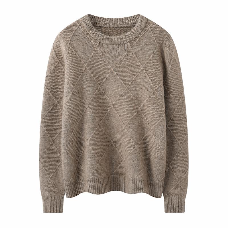 Autumn And Winter New Cashmere Sweater Women'S Round Neck Thickened Rhombus Jacquard Sweater Casual Knitted Cashmere Bottoming Shirt Top