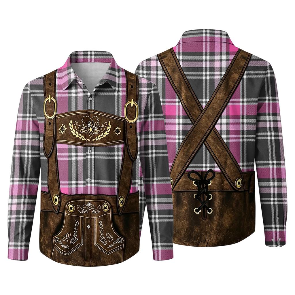 Herren Oktoberfest 3D-Druck Locker geschnitten Langarmhemd Mit Kragen Durchgeknöpftes Hemd Vintage Lässig Atmungsaktives Hemd für die Arbeit im Freien und Party