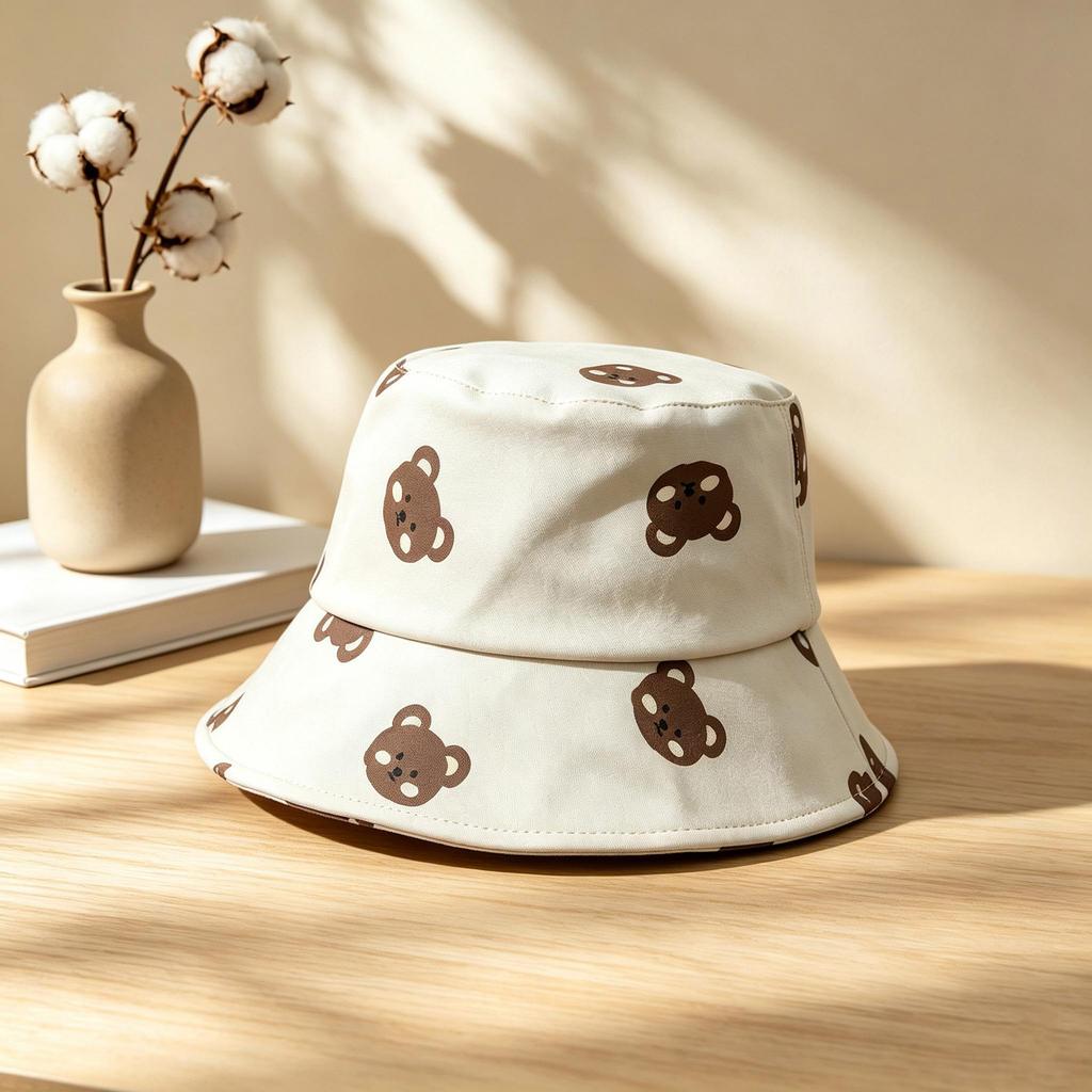 Cute cartoon cat cotton and linen bucket hat female sweet soft cute face washbasin hat simple versatile autumn and winter hat
