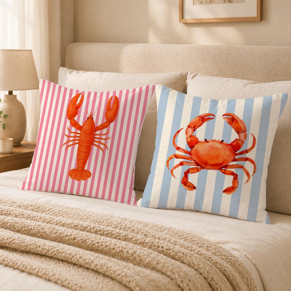 Ocean Life Theme Striped Cushion Cover Double-Sided Printed Pillow Cover Hypoallergenic Dust-Mite Proof