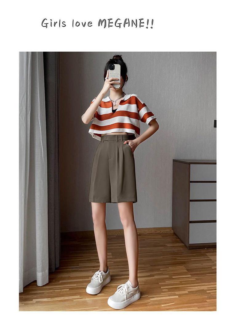 Women's High-Waist Black Bermuda Shorts: Summer, Loose, Straight-Leg, Slimming A-Line, Hong Kong Style.