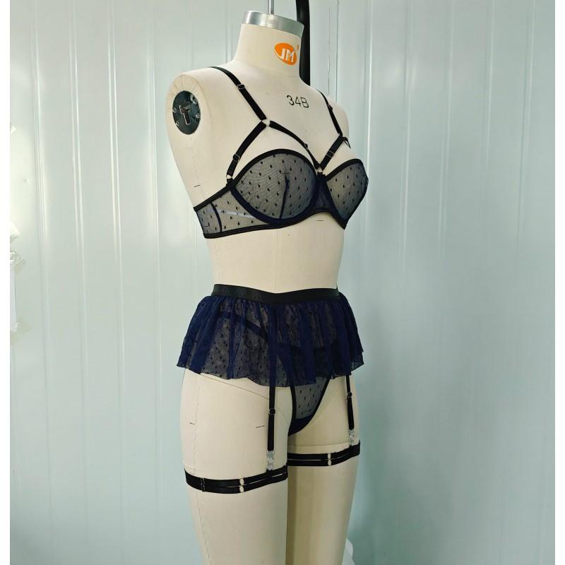 Lace Sheer Polka Dot Bra Set Women 3/4 Cup Unlined Sexy Lingerie In Deep Blue S To XL