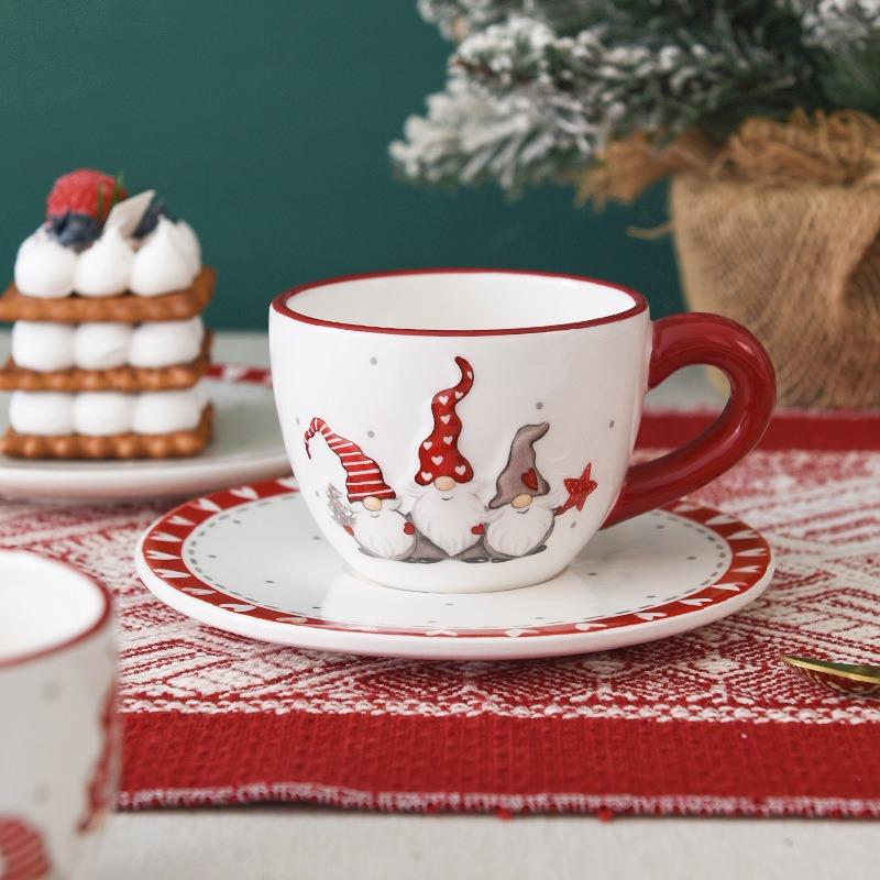 Nordic Santa Claus Relief Ceramic Coffee Cup Saucer Set Western Teacup Saucer Ceramic Drinking Vessels Christmas Decorations