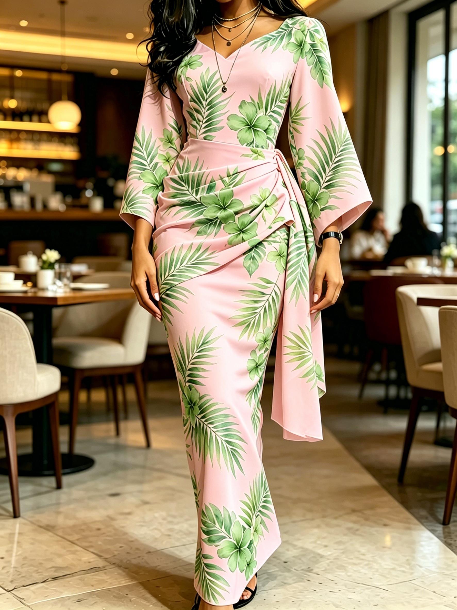 Women s Pink Tropical Leaf Print V Neck Wrap Maxi Dress Ruched Waist Kimono Sleeve Vacation Dress XS